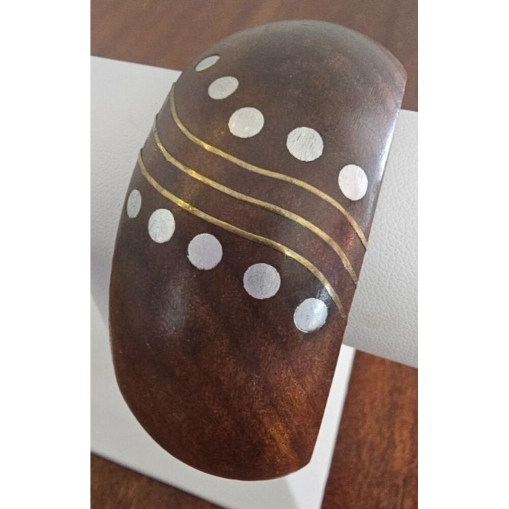 Wooden Bangle Bracelet with Brass & Silver Inlay Wave/Dot Design